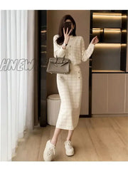 Hnewly Elegant Half Turtleneck Plaid Sweaters Tops + Slim High Waist Knitwear Skirts 2 Piece Sets