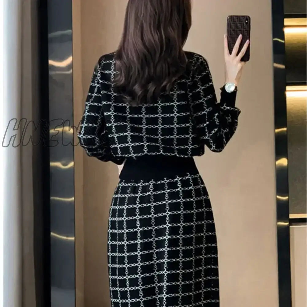 Hnewly Elegant Half Turtleneck Plaid Sweaters Tops + Slim High Waist Knitwear Skirts 2 Piece Sets