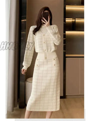 Hnewly Elegant Half Turtleneck Plaid Sweaters Tops + Slim High Waist Knitwear Skirts 2 Piece Sets