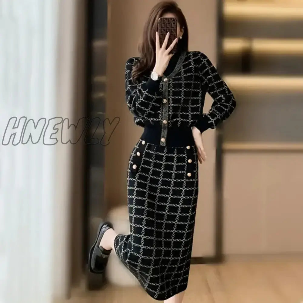 Hnewly Elegant Half Turtleneck Plaid Sweaters Tops + Slim High Waist Knitwear Skirts 2 Piece Sets