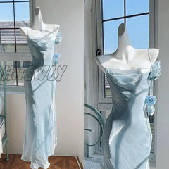 Hnewly Elegant Ice Blue Spaghetti Strap Slim Fitting Women’s Dress Rose Decoration Pleated Boat