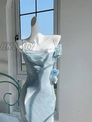 Hnewly Elegant Ice Blue Spaghetti Strap Slim Fitting Women’s Dress Rose Decoration Pleated Boat