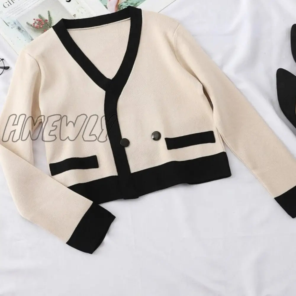 Hnewly Elegant Knit 2 Piece Sets Woman V-Neck Sweater + Loose Pants Autumn Winter Apricot Black