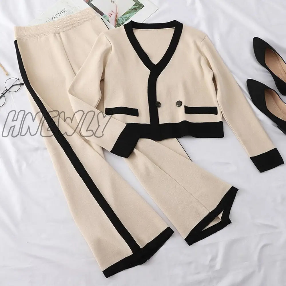 Hnewly Elegant Knit 2 Piece Sets Woman V-Neck Sweater + Loose Pants Autumn Winter Apricot Black