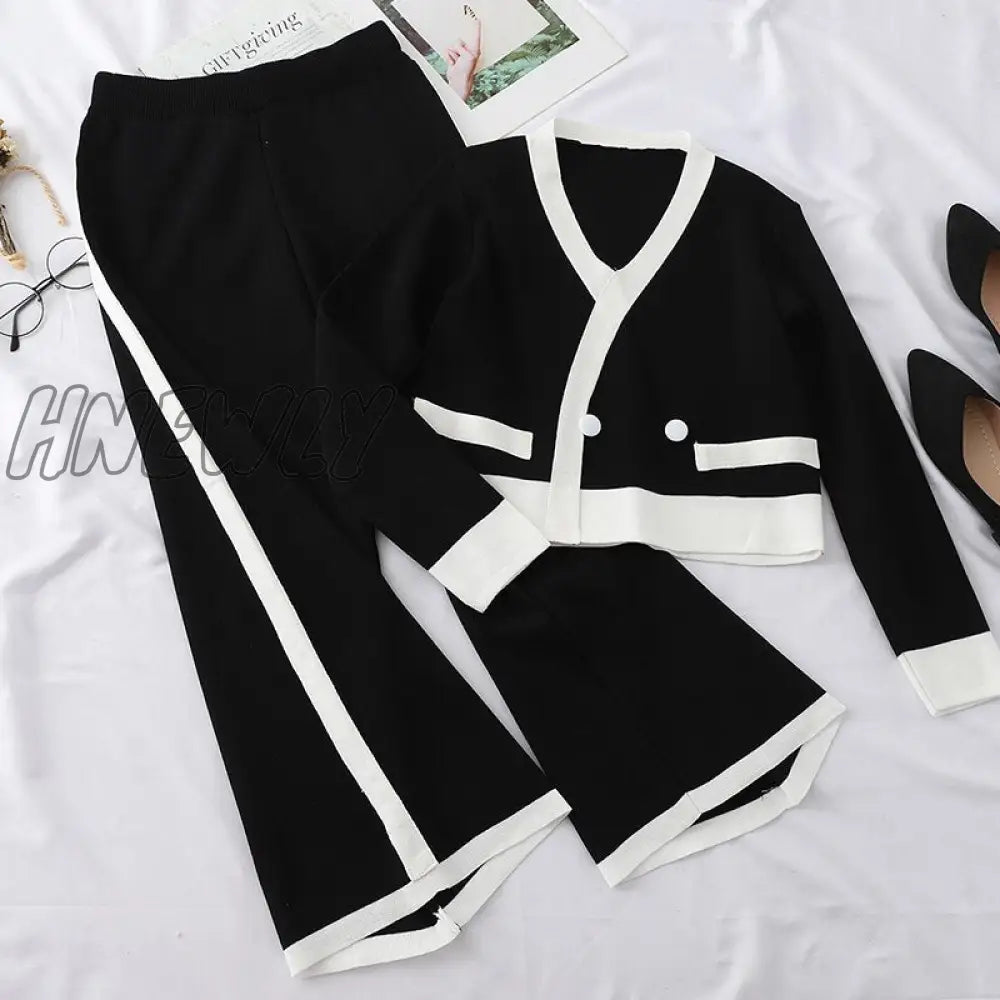 Hnewly Elegant Knit 2 Piece Sets Woman V-Neck Sweater + Loose Pants Autumn Winter Apricot Black