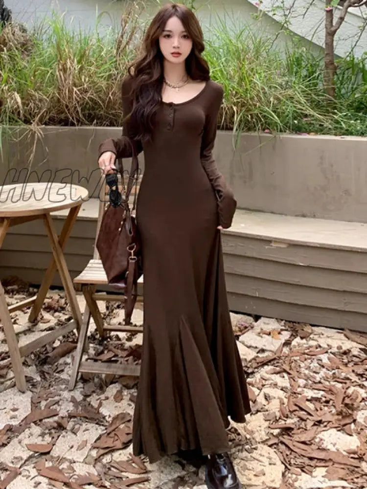 Hnewly Elegant Korean Long Mermaid Dress Women Winter Sexy Slim Office Lady Party Female Sleeve