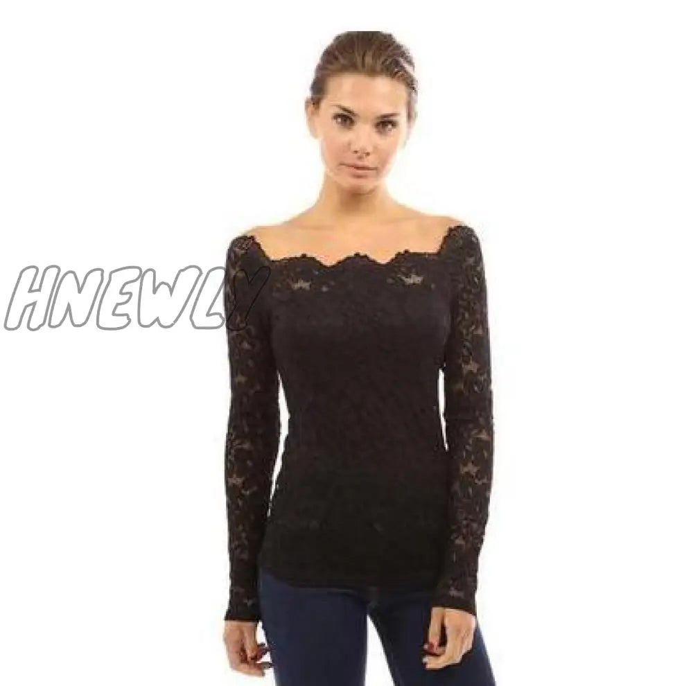 Hnewly Elegant Lace Blouse Female Fashion Long Sleeve Slash Neck Ladies Shirt Simple Floral Slim