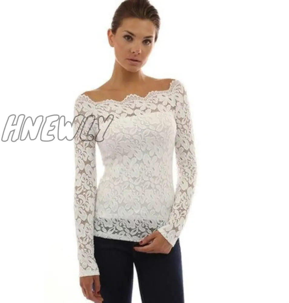 Hnewly Elegant Lace Blouse Female Fashion Long Sleeve Slash Neck Ladies Shirt Simple Floral Slim