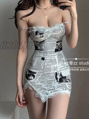 Hnewly Elegant Lace Mesh Newspaper Printing Slim Side Split Sexy Skinny Strap Tank Mini Dress