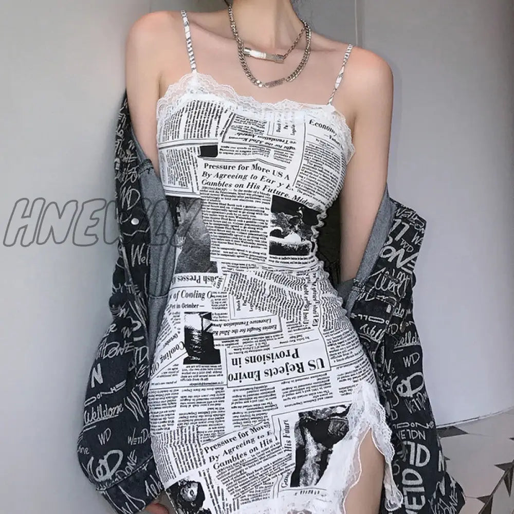 Hnewly Elegant Lace Mesh Newspaper Printing Slim Side Split Sexy Skinny Strap Tank Mini Dress