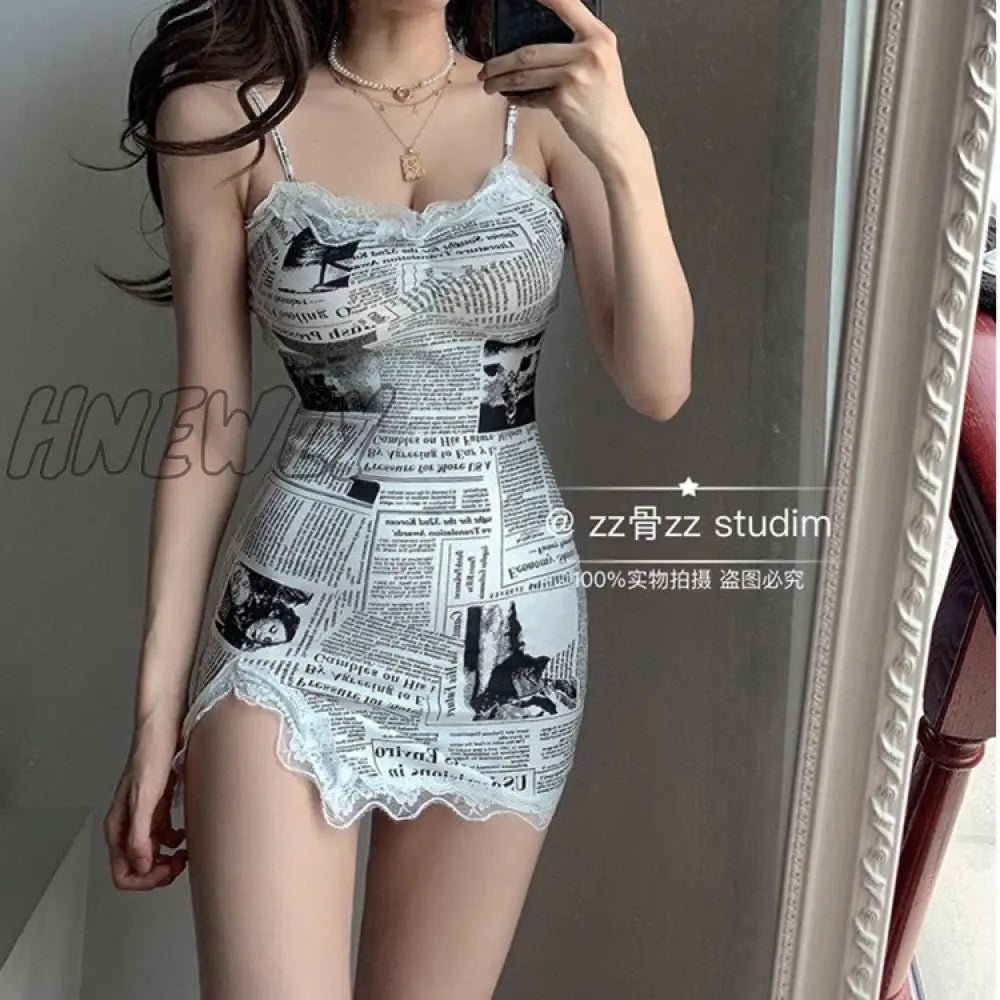 Hnewly Elegant Lace Mesh Newspaper Printing Slim Side Split Sexy Skinny Strap Tank Mini Dress