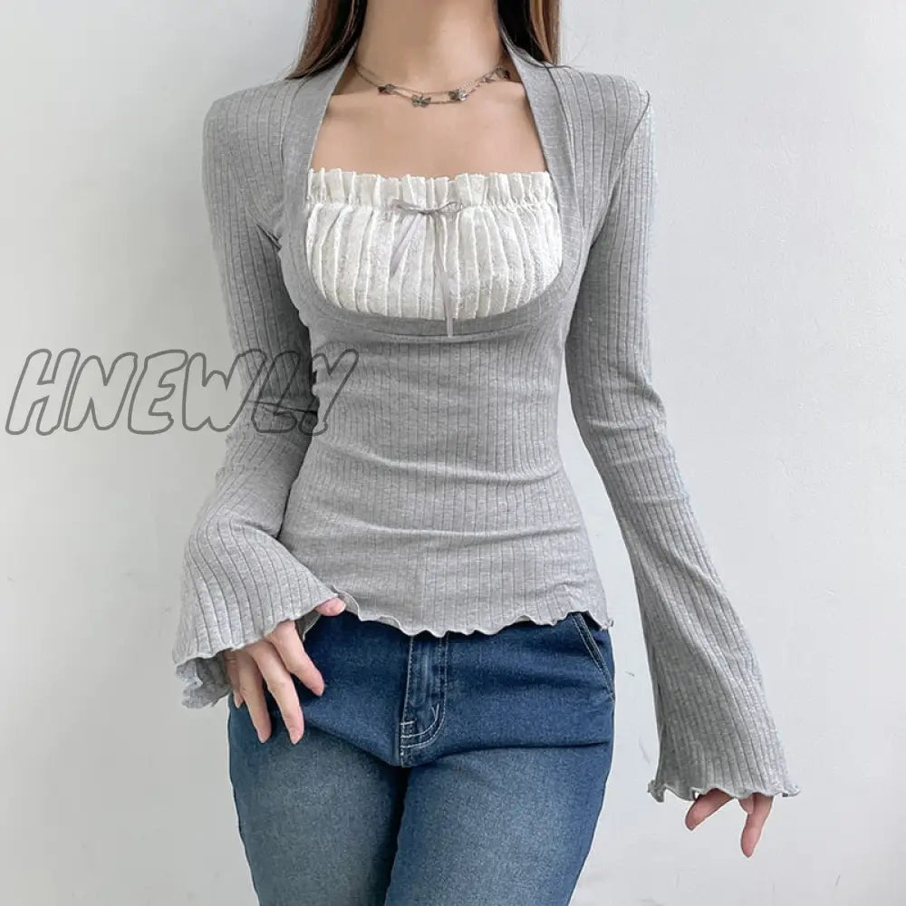 Hnewly Elegant Lady Square Collar T Shirt Kawaii Clothes Fairy Grunge Long Sleeve Ribbed Tops Y2K