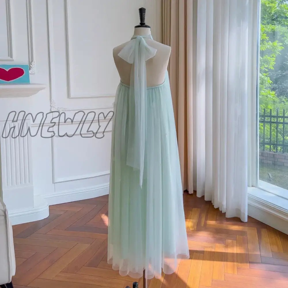 Hnewly Elegant Light Green Jewel Halter Neck Waistband Sleeveless Prom Dress Off-Shoulder Tulle