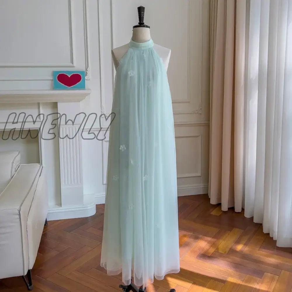 Hnewly Elegant Light Green Jewel Halter Neck Waistband Sleeveless Prom Dress Off-Shoulder Tulle