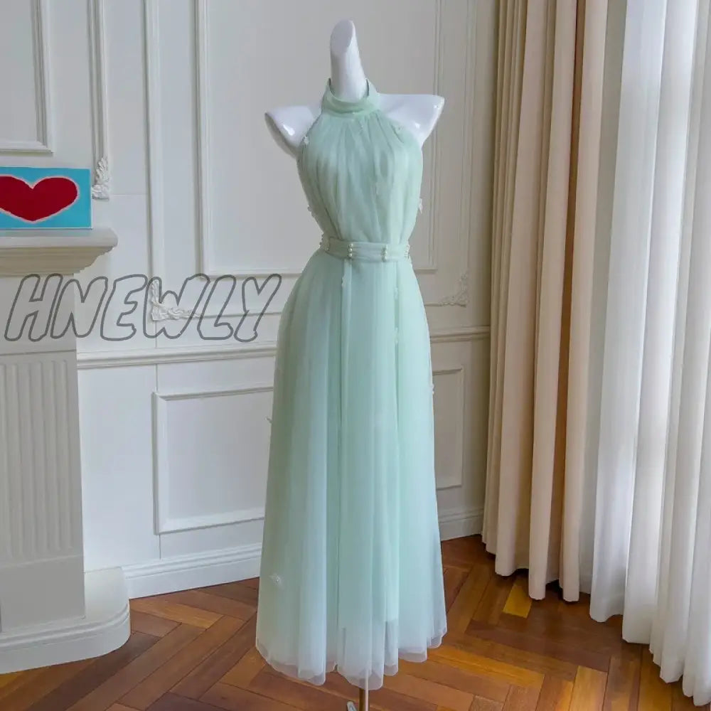 Elegant Light Green Jewel  Halter Neck Waistband Sleeveless Prom Dress Off-shoulder Tulle Pearls Evening Party Gown for Holiday