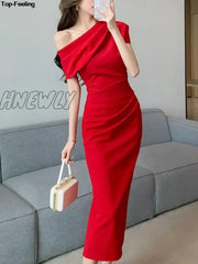 Elegant Off Shoulder Evening Party Dresses Women Summer Fashion Slim One Piece Solid Vestidos