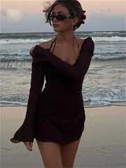 Hnewly Elegant Off-Shoulder Halter Short Dress Women Long Flare Sleeve Side Drawstring Ruched Mini