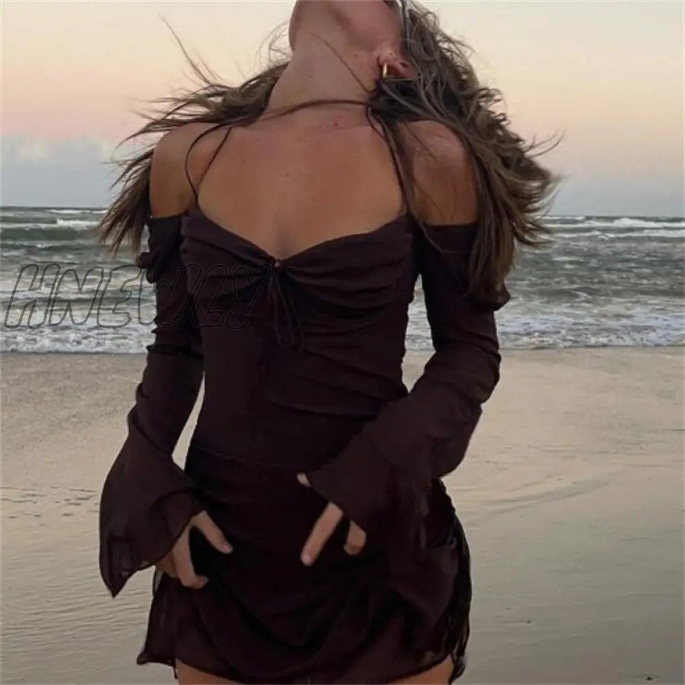 Hnewly Elegant Off-Shoulder Halter Short Dress Women Long Flare Sleeve Side Drawstring Ruched Mini