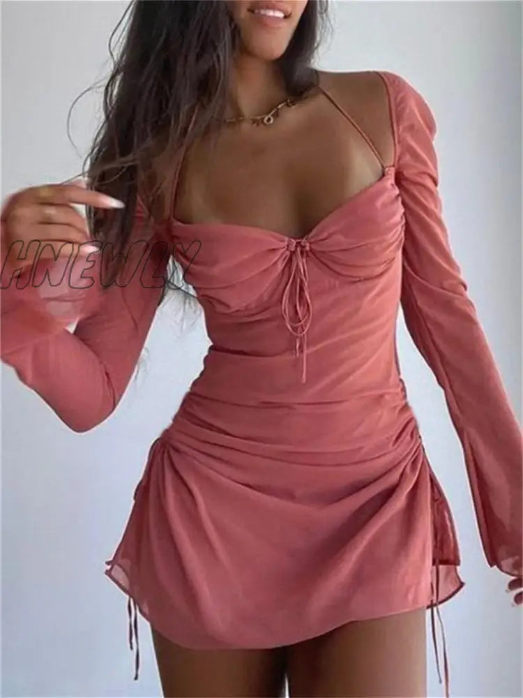 Hnewly Elegant Off-Shoulder Halter Short Dress Women Long Flare Sleeve Side Drawstring Ruched Mini