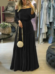 Hnewly Elegant Off Shoulder Women’s Dress Autumn Belted Ruffle Maxi Vestidos Casual Puff Sleeve