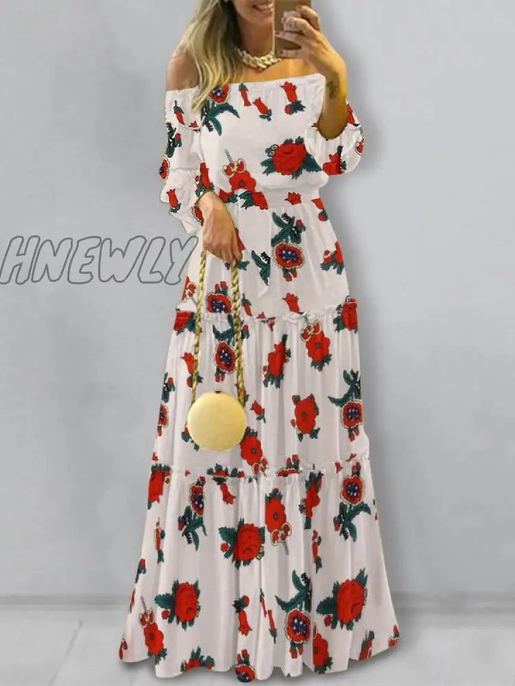 Hnewly Elegant Off Shoulder Women’s Dress Autumn Belted Ruffle Maxi Vestidos Casual Puff Sleeve