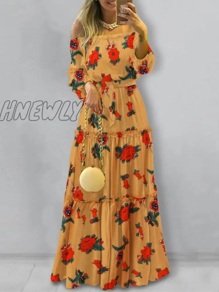 Hnewly Elegant Off Shoulder Women’s Dress Autumn Belted Ruffle Maxi Vestidos Casual Puff Sleeve