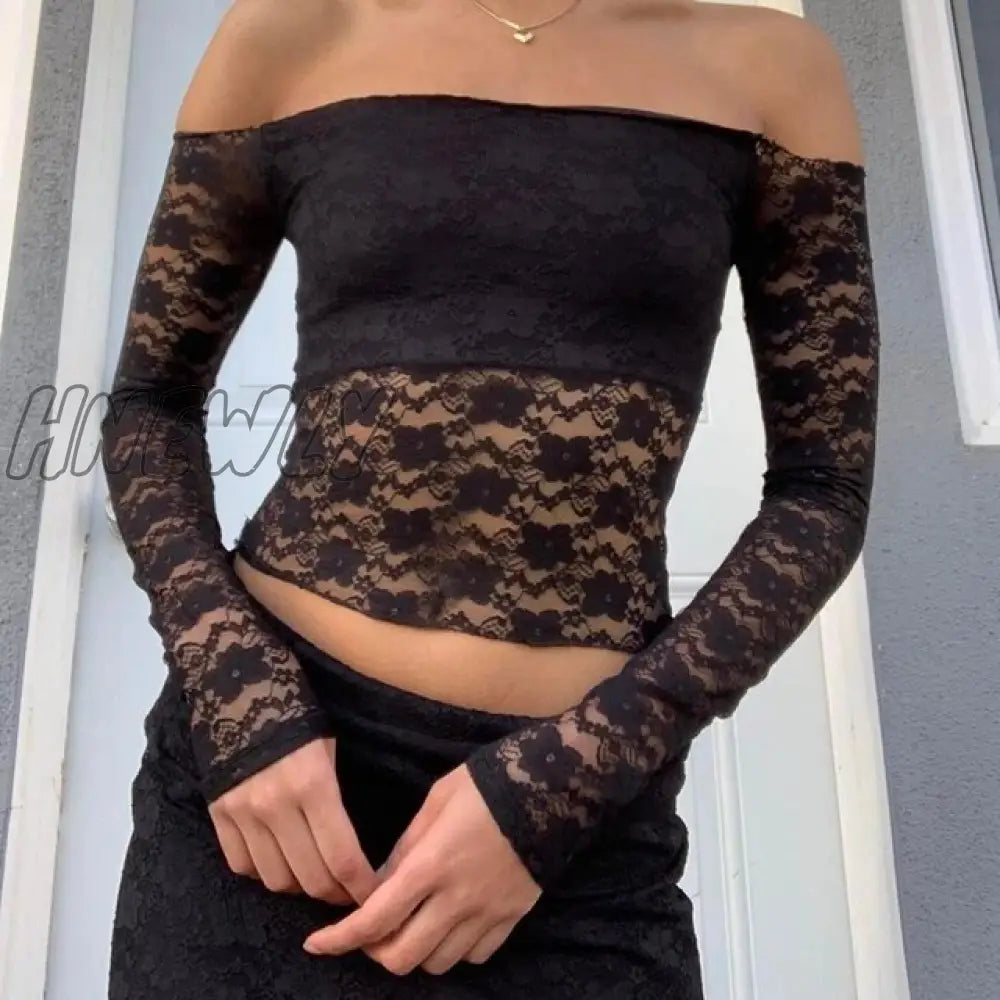 Hnewly Elegant Off Soulder Crop Tops Chic Women Long Sleeve Slim Fit Tees Korean Fashion Sexy