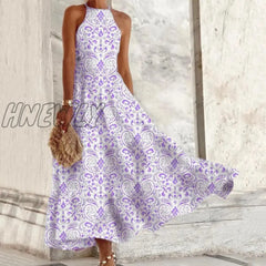 Hnewly Elegant Pattern Printed Boho Long Dress Women Sexy Sleeveless Hanging Neck Beach Party