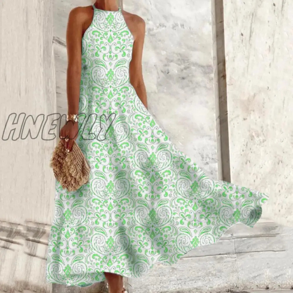 Hnewly Elegant Pattern Printed Boho Long Dress Women Sexy Sleeveless Hanging Neck Beach Party