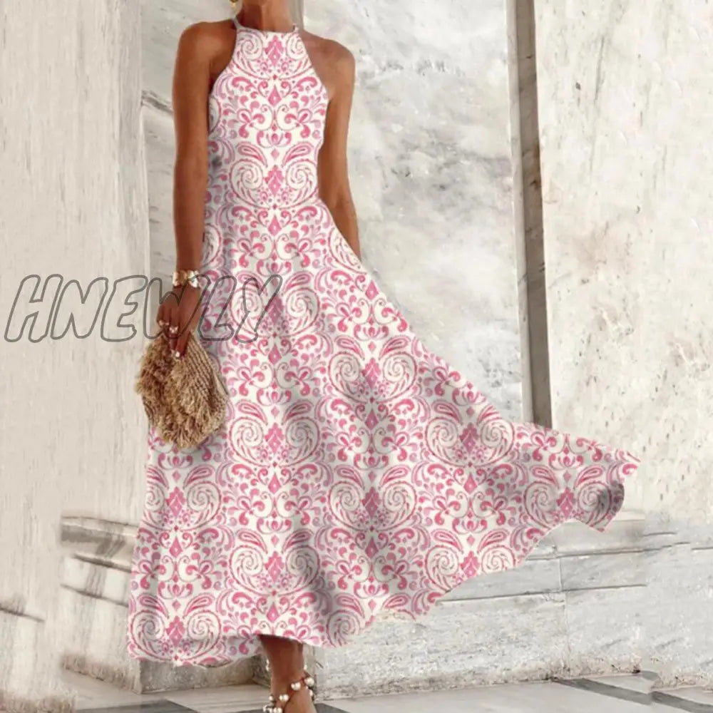 Hnewly Elegant Pattern Printed Boho Long Dress Women Sexy Sleeveless Hanging Neck Beach Party