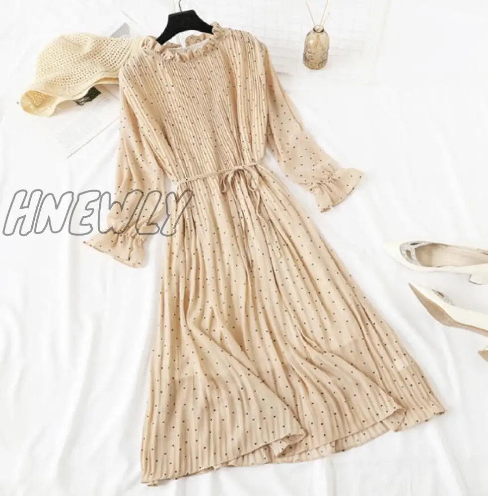 Hnewly Elegant Polka Dot Women Dress Female Casual Flare Sleeve Office Chiffon Print Dresses A -