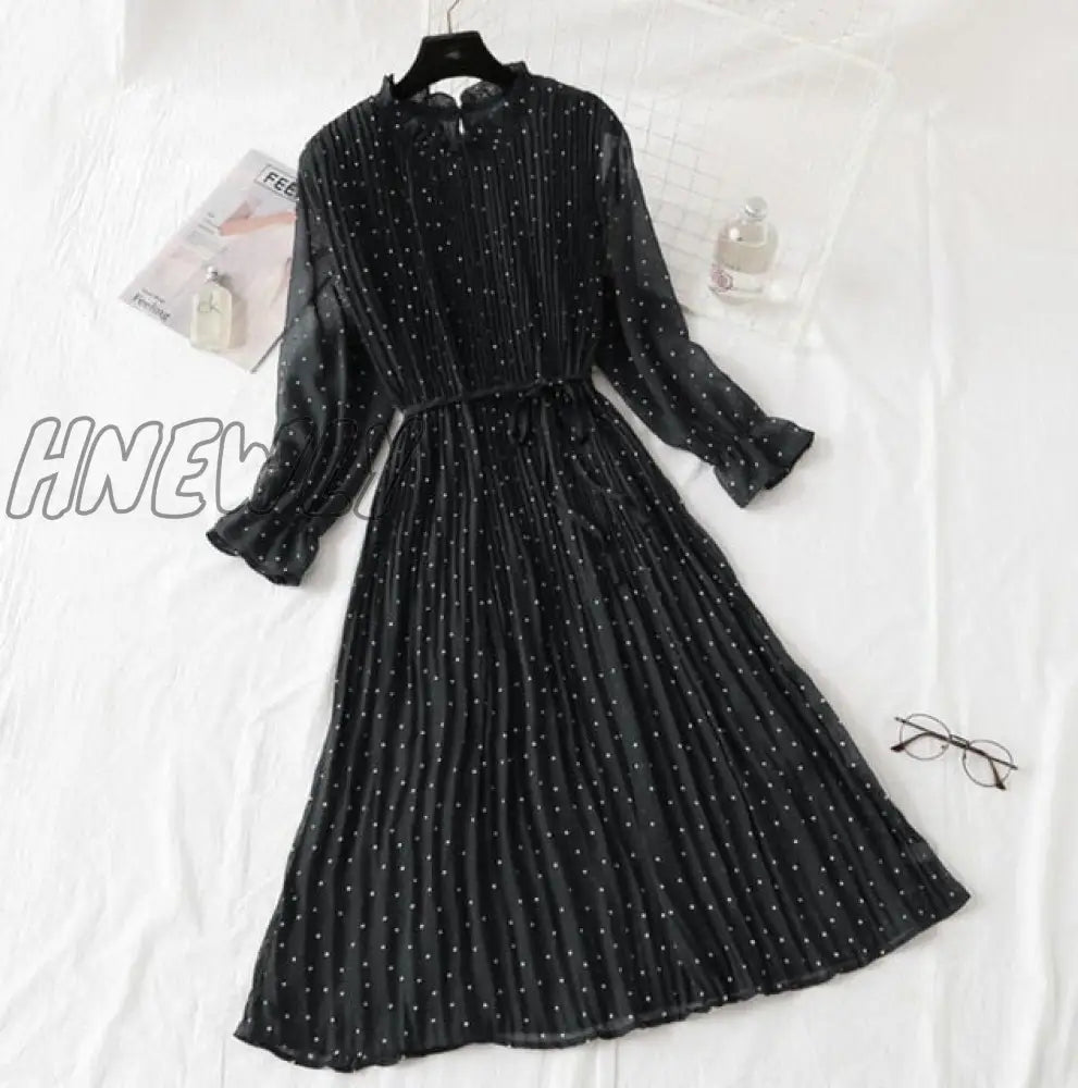 Hnewly Elegant Polka Dot Women Dress Female Casual Flare Sleeve Office Chiffon Print Dresses A -