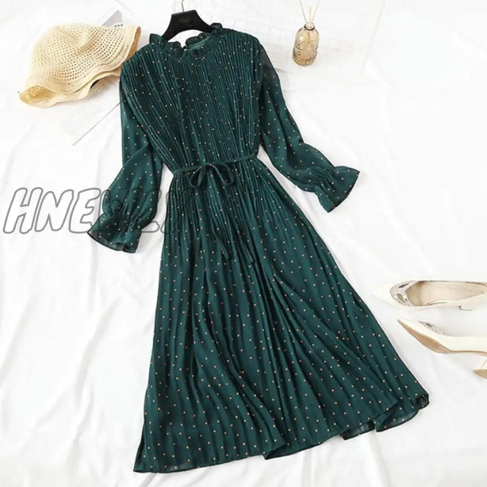 Hnewly Elegant Polka Dot Women Dress Female Casual Flare Sleeve Office Chiffon Print Dresses A -