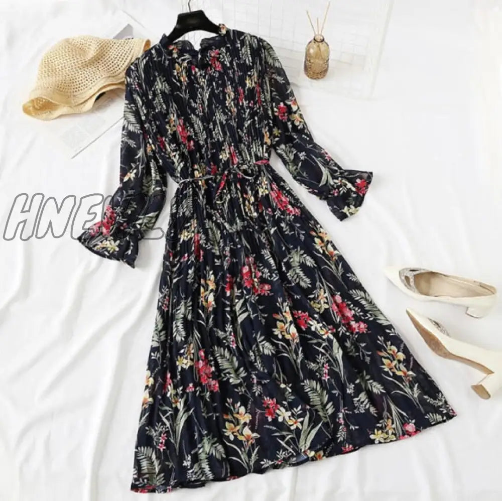 Hnewly Elegant Polka Dot Women Dress Female Casual Flare Sleeve Office Chiffon Print Dresses A -