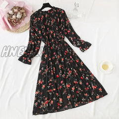 Hnewly Elegant Polka Dot Women Dress Female Casual Flare Sleeve Office Chiffon Print Dresses A -