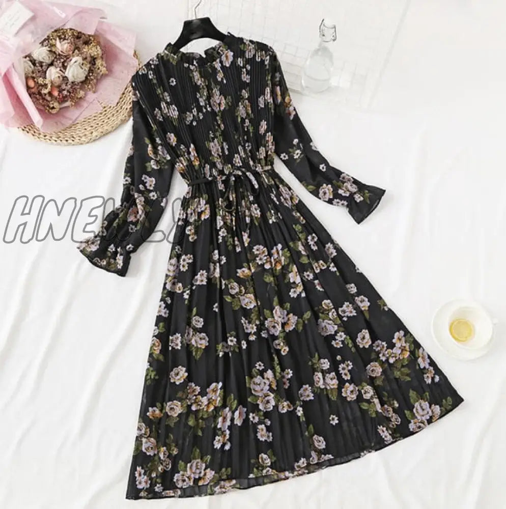 Hnewly Elegant Polka Dot Women Dress Female Casual Flare Sleeve Office Chiffon Print Dresses A -