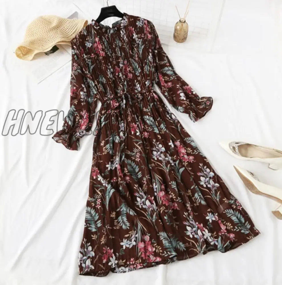 Hnewly Elegant Polka Dot Women Dress Female Casual Flare Sleeve Office Chiffon Print Dresses A -