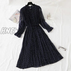 Hnewly Elegant Polka Dot Women Dress Female Casual Flare Sleeve Office Chiffon Print Dresses A -