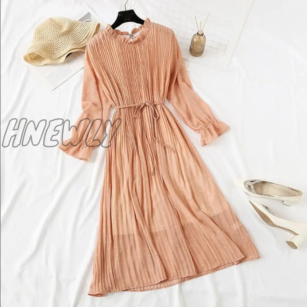 Hnewly Elegant Polka Dot Women Dress Female Casual Flare Sleeve Office Chiffon Print Dresses A -