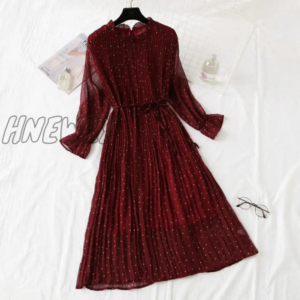 Hnewly Elegant Polka Dot Women Dress Female Casual Flare Sleeve Office Chiffon Print Dresses A -