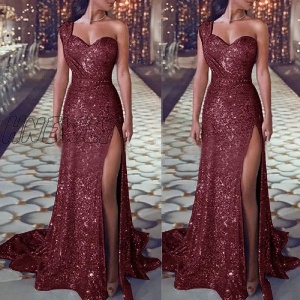 Hnewly Elegant Red Off Shoulder Split Glitter Long Dress Women Sexy Party Club Shine Floor Length