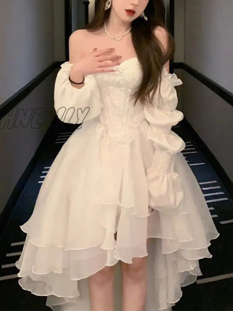 Hnewly Elegant Ruffles Chic Fairy Dress Women White Sweet Korean Style Princess Female 2024 Summer