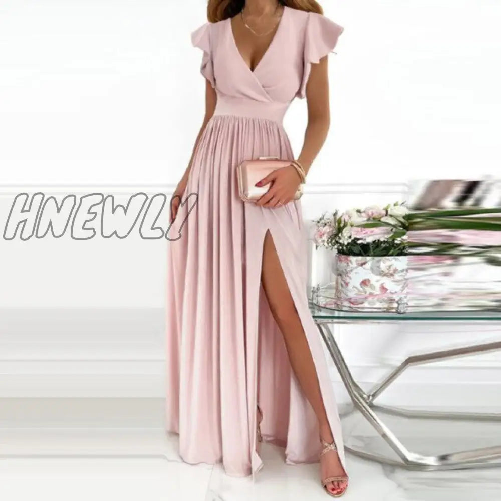 Hnewly Elegant Solid Butterfly Sleeve Women Maxi Formal Dress Sexy V - Neck High Slit Lady Wedding