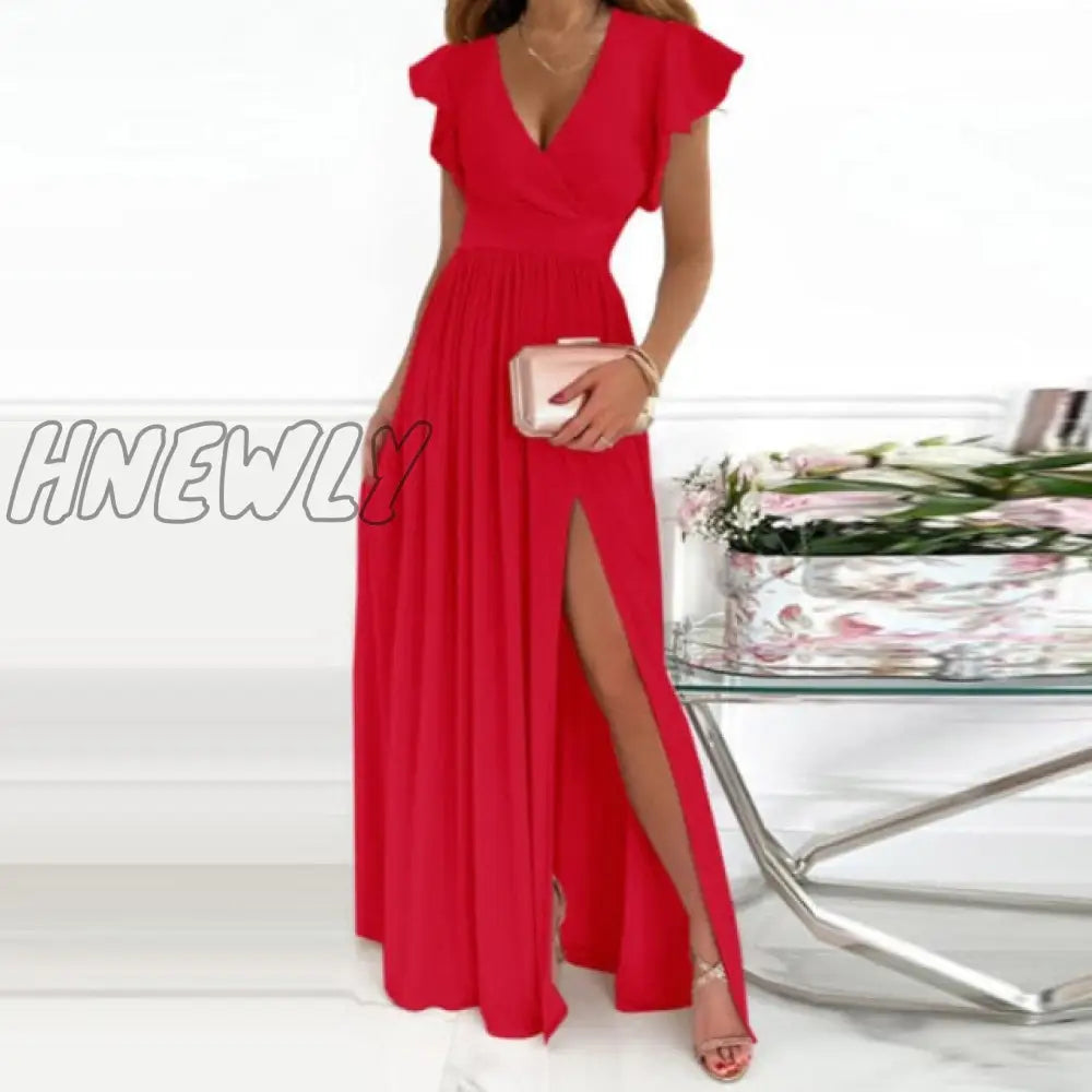 Hnewly Elegant Solid Butterfly Sleeve Women Maxi Formal Dress Sexy V - Neck High Slit Lady Wedding