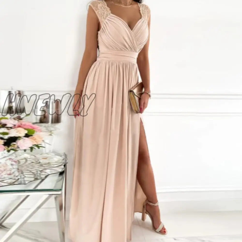 Hnewly Elegant Solid Butterfly Sleeve Women Maxi Formal Dress Sexy V - Neck High Slit Lady Wedding