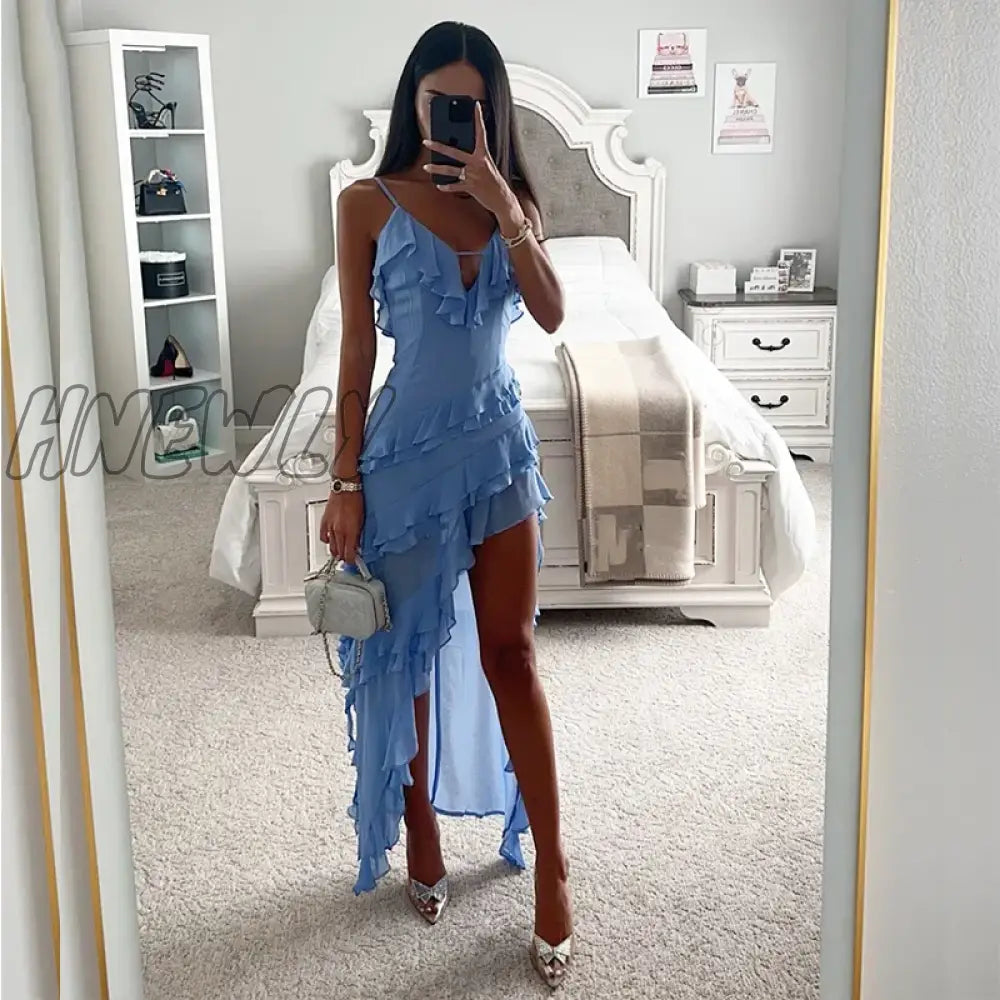 Elegant Solid Color High Split Layered Dress Sexy V-Neck Ruffle Irregular Party Female Sleeveless