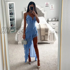 Elegant Solid Color High Split Layered Dress Sexy V-Neck Ruffle Irregular Party Female Sleeveless