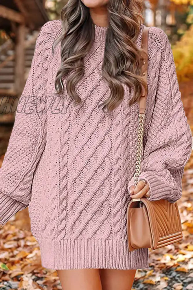 Hnewly - Elegant Solid Hollowed Out O Neck Long Sleeve Dresses(12 Colors) Pink / S Dresses/Sweater