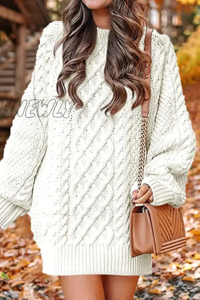 Hnewly - Elegant Solid Hollowed Out O Neck Long Sleeve Dresses(12 Colors) White / S Dresses/Sweater