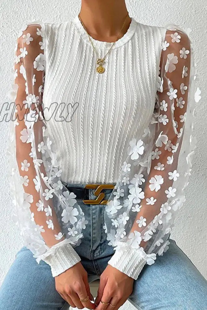 Hnewly - Elegant Solid Patchwork O Neck Tops(6 Colors) White / S Tops/Long Sleeve Tops